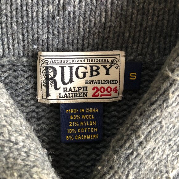 Rugby Ralph Lauren Cotton/Wool Sweater Small Charcoal Grey Shawl Collar - Picture 2 of 3